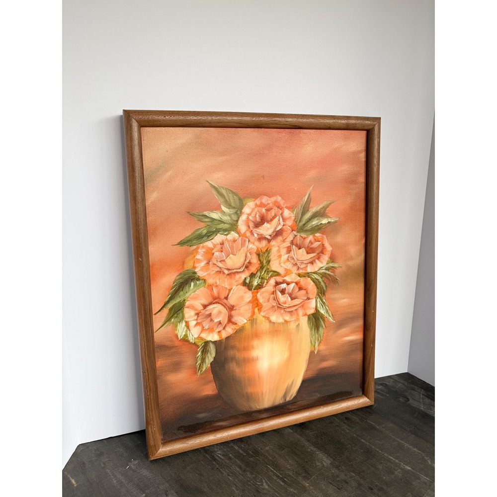 1990 Hubert Allen Collier Peach Rose Handmade Painting Still Life Wood Frame